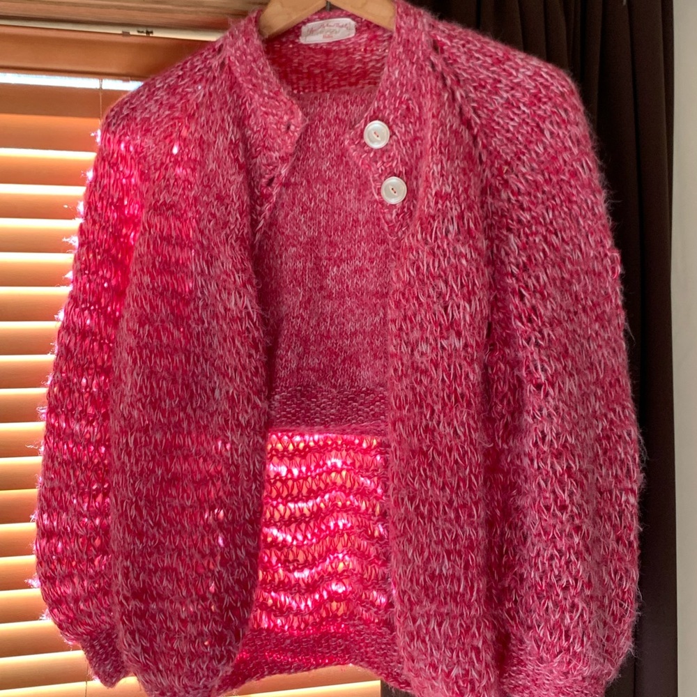 Hand-sewn pink buttoned sweater & matching skirt